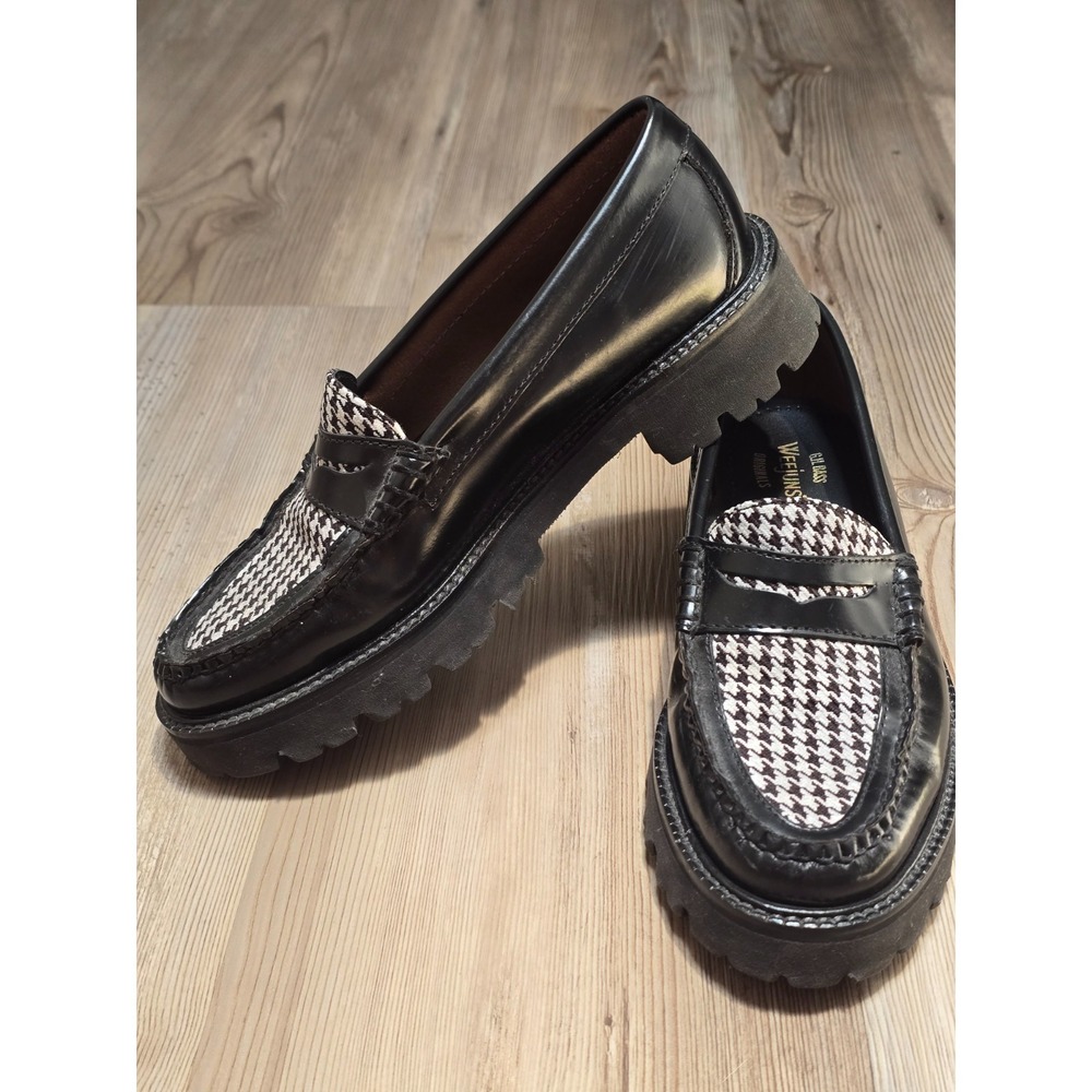 G.H. Bass Weejuns Womens 6.5 Penny Loafers Black‎ Leather Houndstooth Lug Sole
